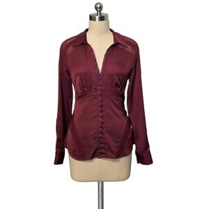 Vintage Sexy Y2K BEBE Corset Button Front Mesh Strip Button Up Shirt S